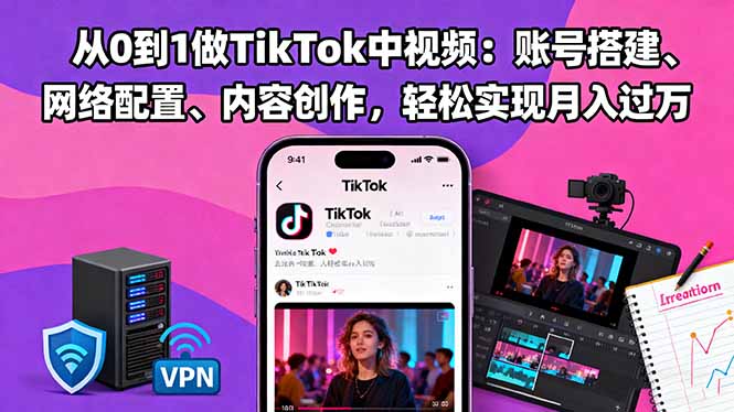 从0到1做TikTok中视频：账号搭建、网络配置、内容创作，轻松实现月入过万-宇众网创
