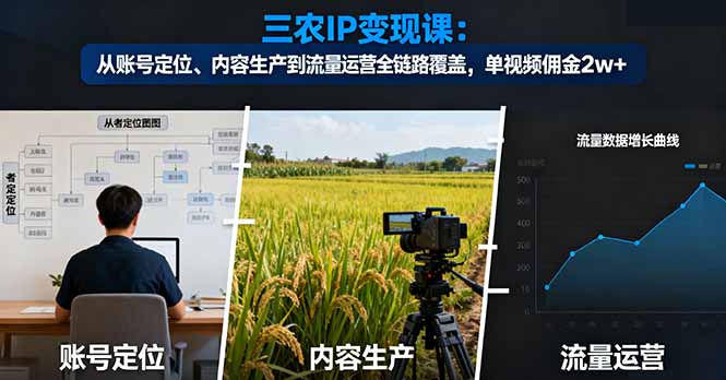 三农IP变现课：从账号定位、内容生产到流量运营全链路覆盖，单视频佣金2w+-宇众网创