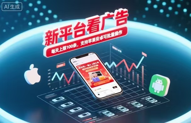 新台看广告，养好机一条5毛到5块，单机日入30到100，支持苹果安卓，可批量操作。-宇众网创