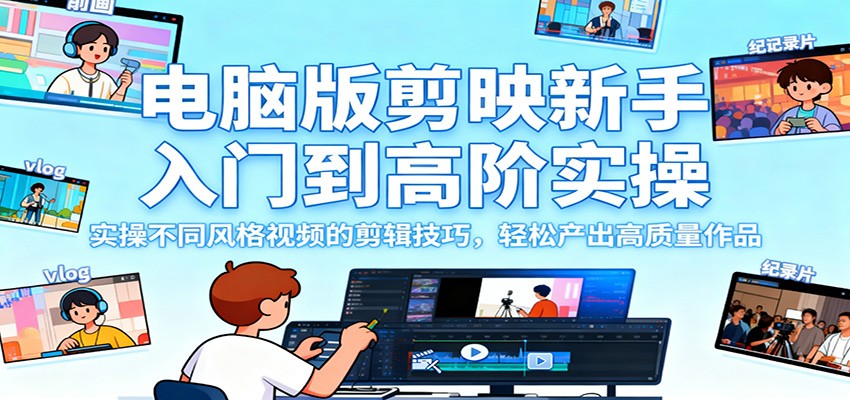 电脑版剪映新手入门到高阶实操，实操不同风格视频的剪辑技巧，轻松产出高质量作品-宇众网创